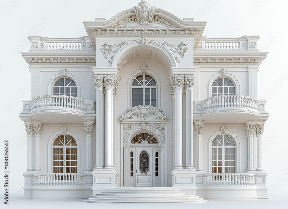 Fototapeta premium Neo-Classical Mansion Facade Isolated on White Background with Ornate Architectural Elements