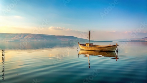 Soft morning light dances across the wooden sail of a small boat on the quiet Sea of Galilee, creating a sense of serenity and connection to nature's beauty , sail, natural light