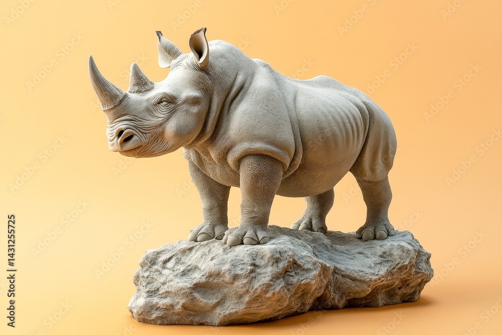 Fototapeta premium Gray rhinoceros sculpture positioned on a rocky outcrop.
