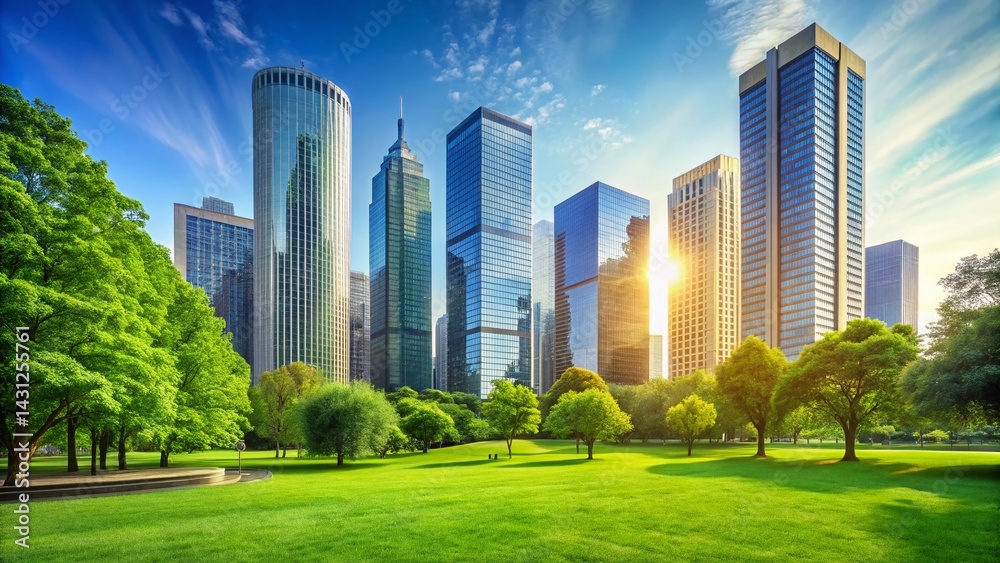 Obraz premium Modern Cityscape: Three Skyscrapers & Urban Park - Stock Photo
