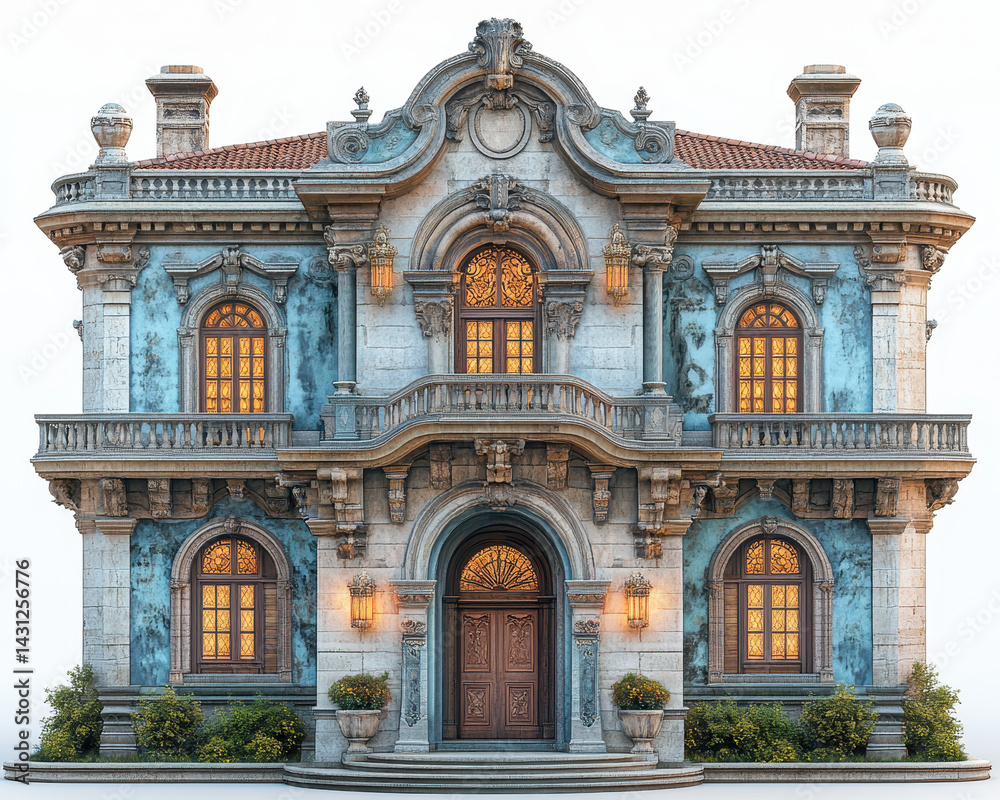 Obraz premium Ornate Neoclassical Building Facade with Symmetrical Design and Warm Lighting on White Background