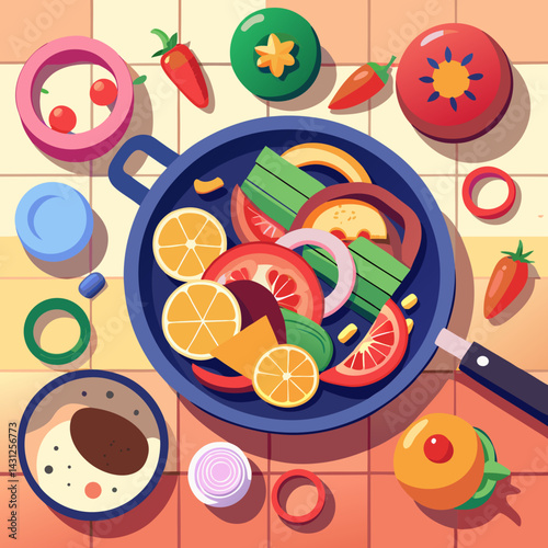 Flatlay of Freshly Chopped Vegetables and Fruits in a Pan