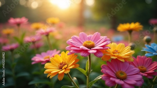 A serene and intimate vibrant colorful flower garden in soft focus, with an array of blooming flowers in shades of bright pink, sunny yellow, and sky blue, surrounded by lush greenery, beneath a warm 
