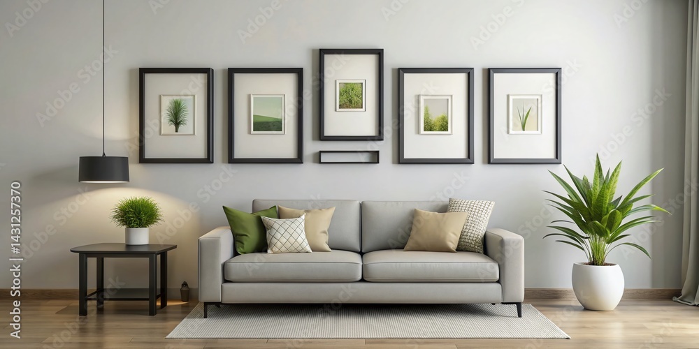 Obraz premium Modern Living Room Interior: Five Black Frames on Light Gray Wall - High-Resolution Stock Photo