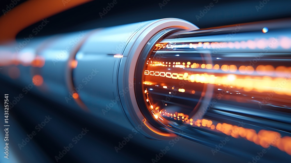Glowing Orange Data Stream in Futuristic Blue Tube