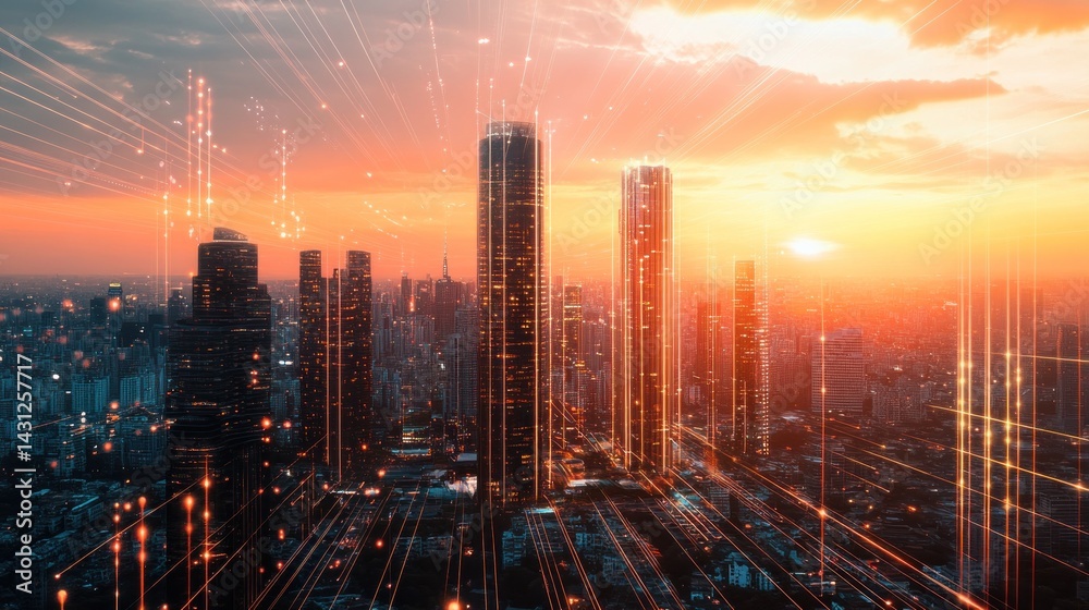 Fototapeta premium Futuristic cityscape at sunset with interconnected network