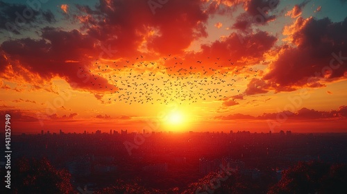 Fiery sunset over cityscape with massive flock of birds in flight.