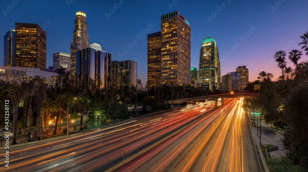 Fototapeta premium City skyline at twilight with busy freeway