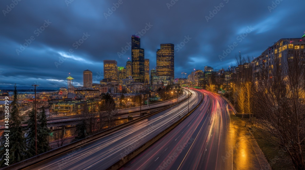 Fototapeta premium Cityscape at twilight with highway traffic