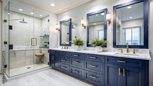 Modern White Bathroom Renovation with Navy Double Vanity & Glass Shower
