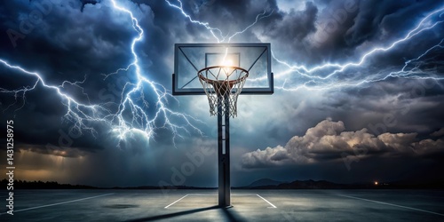 A basketball hoop stands alone under a darkened sky with flashing lightning illuminating it from behind, architecture, dynamic