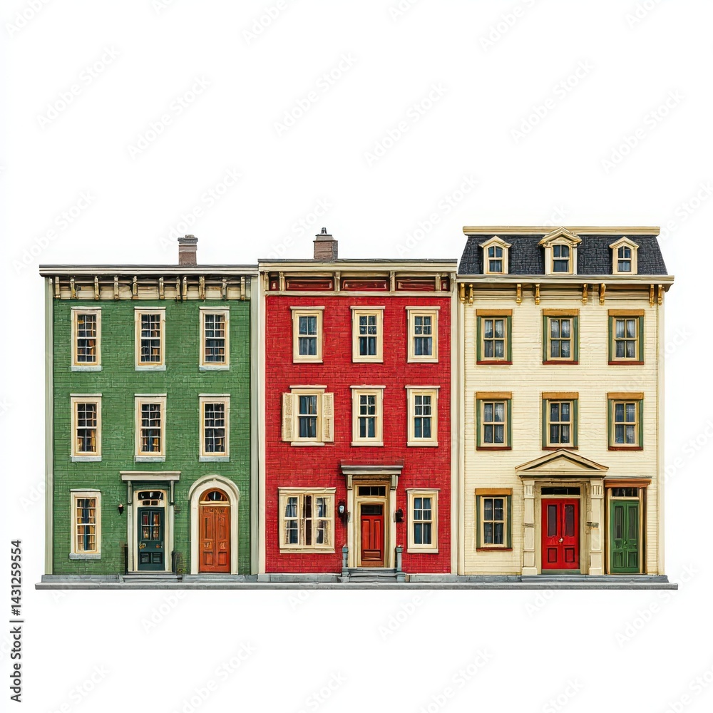 Fototapeta premium Row houses in various colors isolated on white background