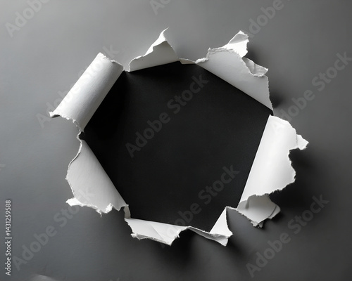 Torn hole in white color and ripped of paper with black background. Torn paper texture with copy space area for text.