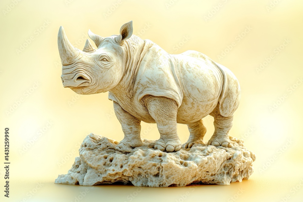 Fototapeta premium Detailed white rhino sculpture atop a light beige rock formation.