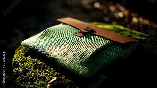 laptop sleeve resting on a moss-covered tree stump in a sunlit forest clearing.