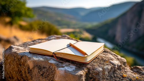 Wallpaper Mural Open notebook with a pencil placed on a rock, surrounded by a scenic mountain landscape Torontodigital.ca