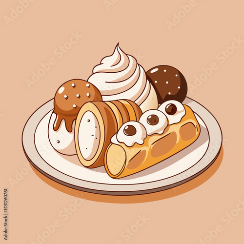 Assorted Delicious Cream Pastries and Sweets on a Plate