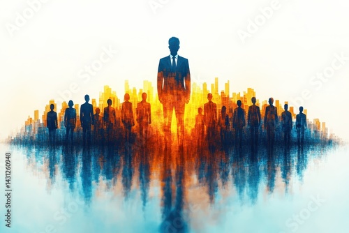 Business leader silhouette emerges from crowd in vibrant cityscape with orange and blue tones, representing success, guidance, and influence in corporate world.