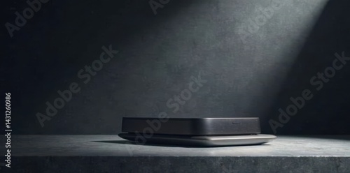 Sleek product on dark gray surface with dramatic highlight and deep shadow effect, lighting, minimalist