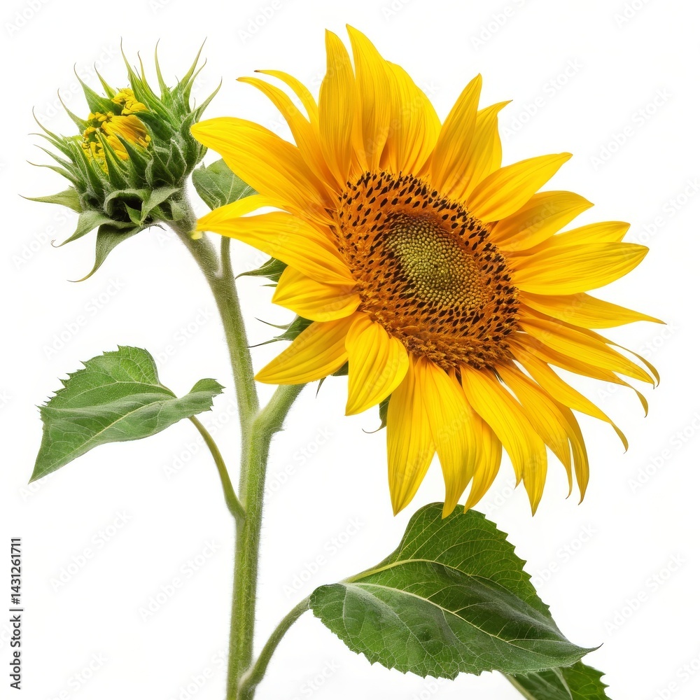 Obraz premium Sunflowers on a white background. Sunflowers with green leaves.