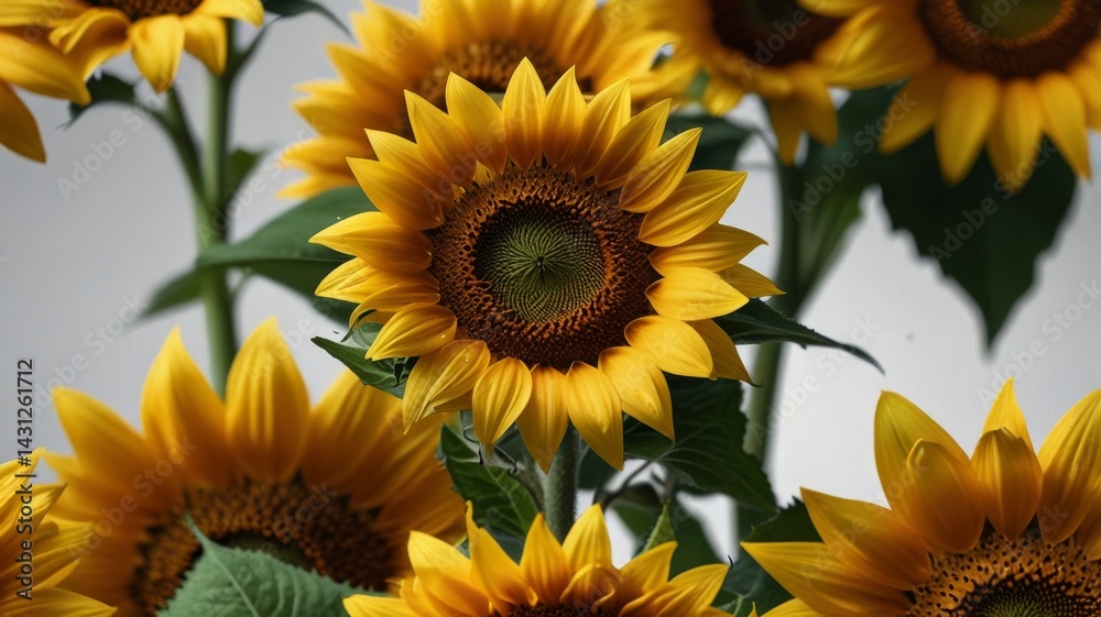Fototapeta premium Sunflowers on a white background. Sunflowers with green leaves.