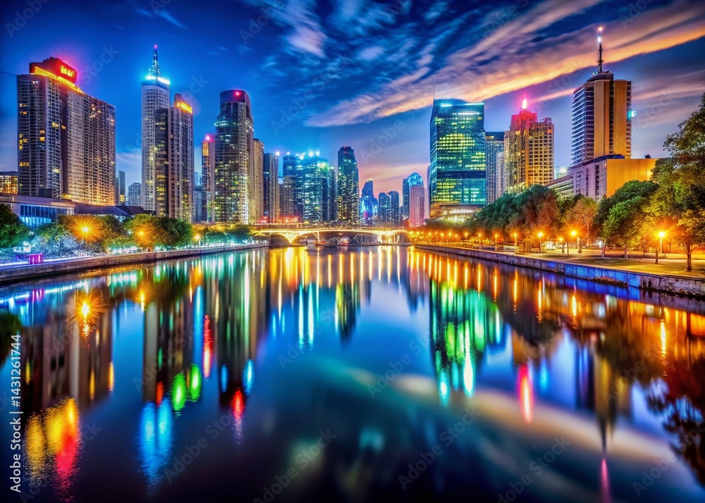 Naklejka premium Night River Scene: Deep Depth of Field Cityscape Reflections