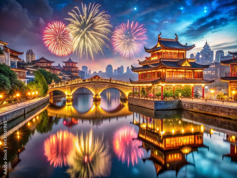 Obraz premium Nighttime Chinese Cityscape: Fireworks and Bridge Long Exposure Photography