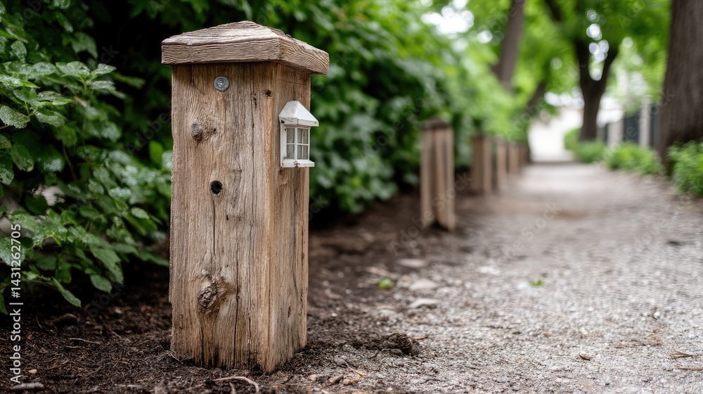 Warm light from a wooden lantern post guides visitors along a garden path lined with lush greenery in New Mexico's serene environment