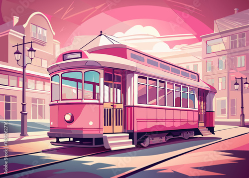 Pink Vintage Tram on City Street at Sunset