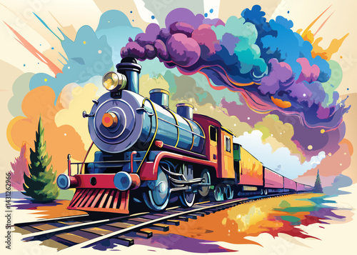 Colorful Artistic Illustration of a Vintage Steam Train on Tracks