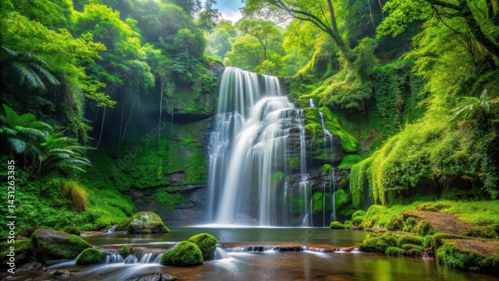Obraz premium Waterfall cascading through lush green forest, verdant, greenery, verdant, greenery, wilderness