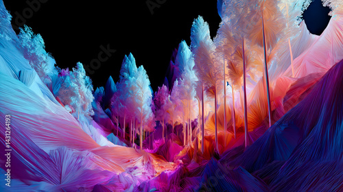 A vibrant and colorful abstract landscape of stylized trees and mountains