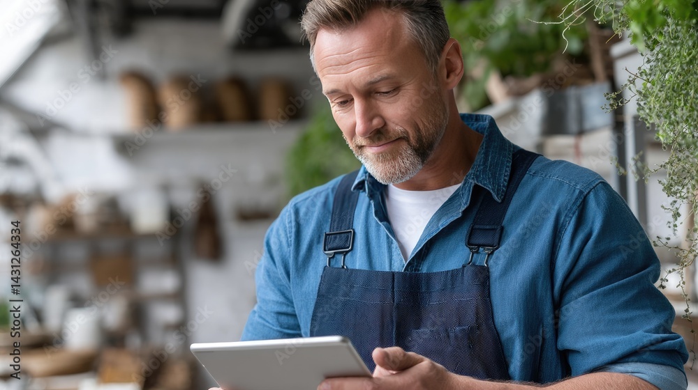 A plumber in blue overalls uses a tablet while fixing a modern faucet in a pristine kitchen at home, focused on the task