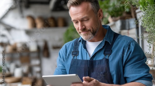 Obraz na płótnie A plumber in blue overalls uses a tablet while fixing a modern faucet in a pristine kitchen at home, focused on the task w salonie