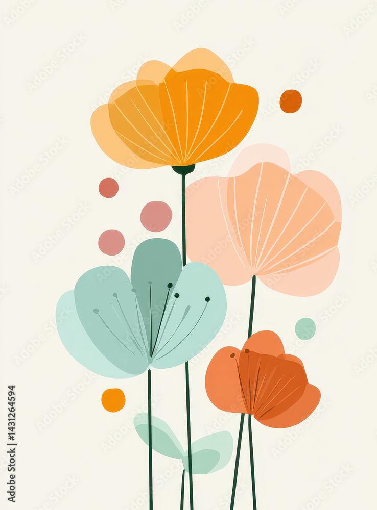 Abstract floral illustration with orange and teal tones on light background