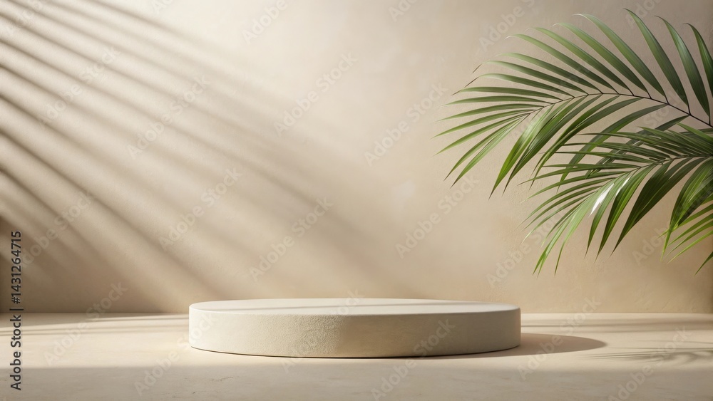 Minimalist product display featuring a neutral-toned circular platform against a textured backdrop, subtly illuminated by soft sunlight filtering through leaves Minimalist product display featuring a neutral-toned circular platform against a textured backdrop, subtly illuminated by soft sunlight filtering through leaves