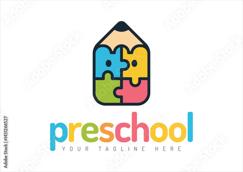 preschool puzzle pencil kids logo design template