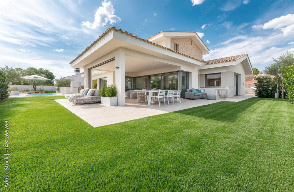 Modern house with spacious lawn and patio under a clear blue sky