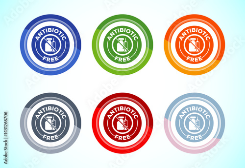 Antibiotic free icon design illustration, No antibiotic label. Organic, healthy, natural, 6 color button design set