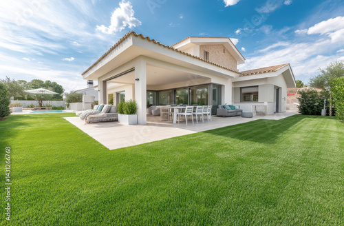 Obraz na płótnie Modern house with spacious lawn and patio under a clear blue sky w salonie