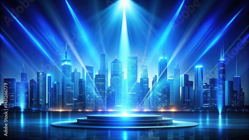 Futuristic cityscape with a bright blue spotlight shining down on the central stage, futuristic stage, blue spotlight