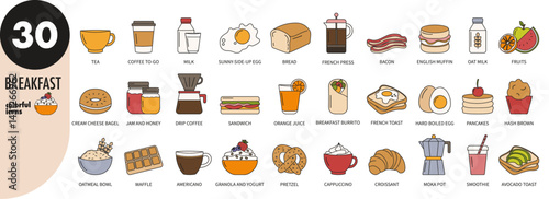 Breakfast food - colorful thin line icons set. Egg, bread, toast, burrito, coffee, tea, milk, fruits, oatmeal, granola, croissant, waffle, avocado, juice, pancakes, jam, vector illustration