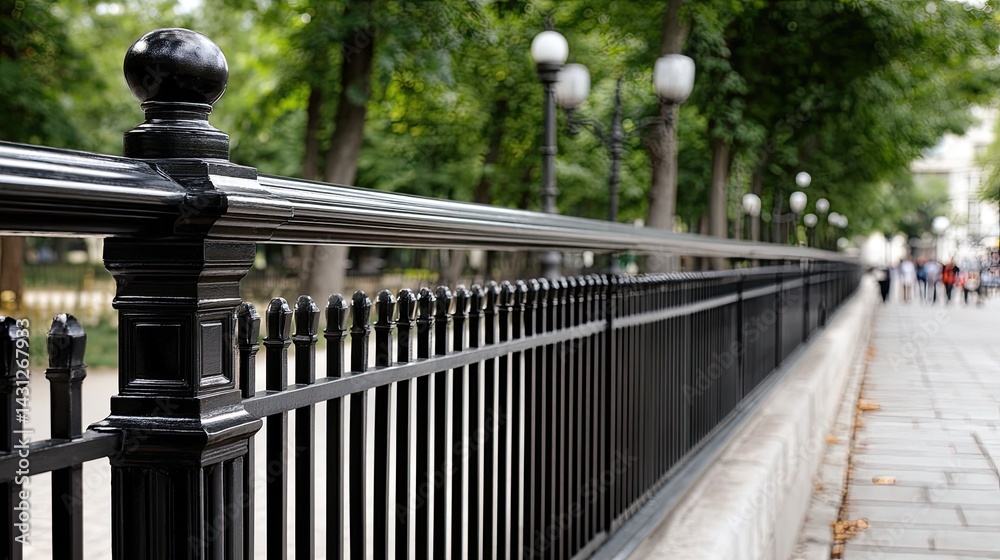 Black metal fence with intricate patterns outlines a concrete sidewalk under bright natural light, enhancing the park's serene atmosphere
