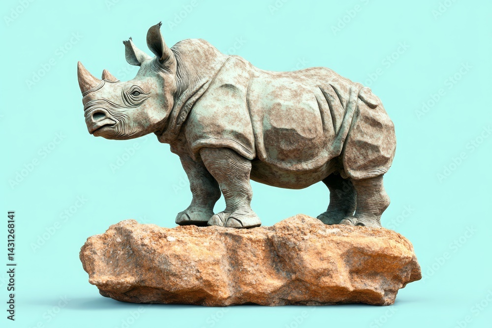 Fototapeta premium Detailed sculpted rhinoceros statue atop a rocky outcrop.