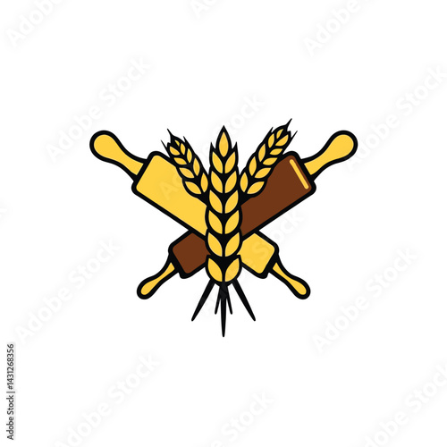 Bakery logo design with rolling pins and wheat stalks for branding and food business marketing needs