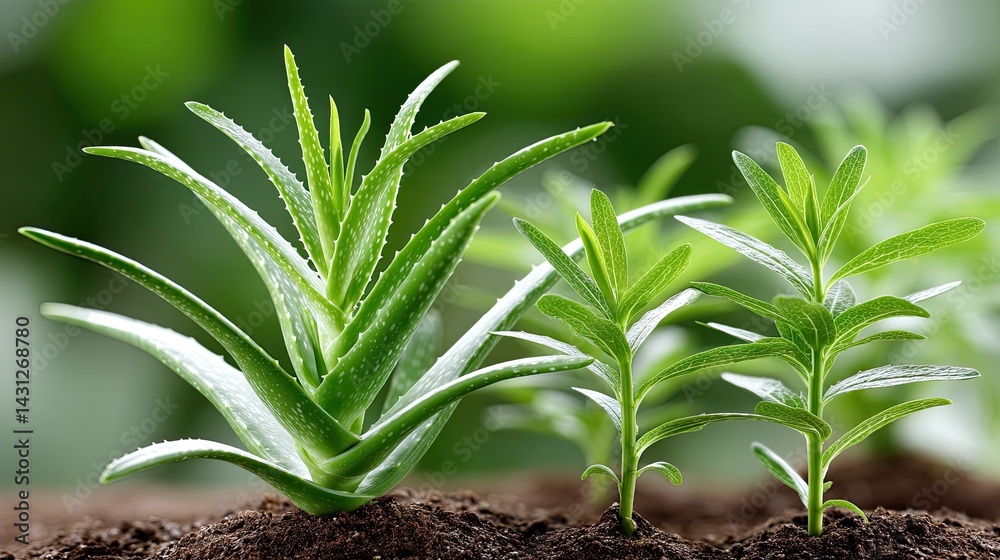 Vivid aloe vera plant showcases green leaves in a garden with blurred foliage, emphasizing its natural beauty and thriving environment