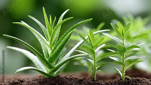 Obraz na płótnie Vivid aloe vera plant showcases green leaves in a garden with blurred foliage, emphasizing its natural beauty and thriving environment w salonie