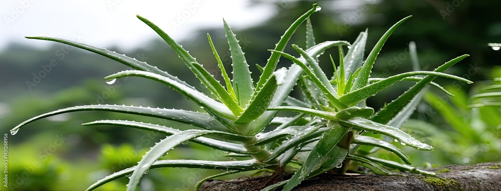 Vivid aloe vera plant showcases green leaves in a garden with blurred foliage, emphasizing its natural beauty and thriving environment
