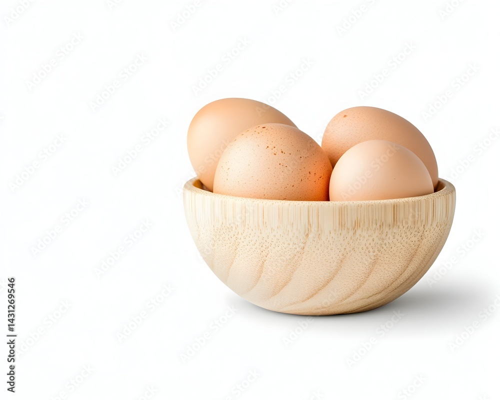 Four brown eggs in a wooden bowl isolated on white background Four brown eggs in a wooden bowl isolated on white background