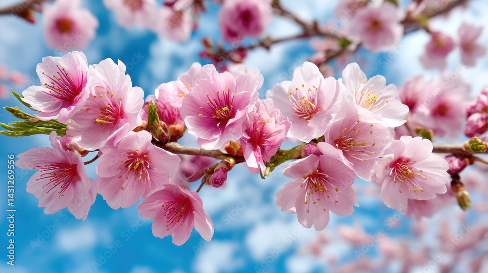 Cherry blossoms blooming under a bright blue sky in spring